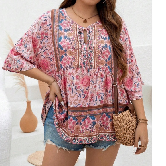 Plus Colorful Floral Print Neck Tie 3/4 Sleeve Blouse - Picture 6 of 11